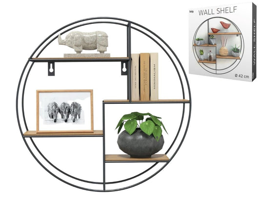 Gadgy - Wandregal Industrial - Rund mit 4 Holzböden - Ø 42x10 cm - schwarz/Holz