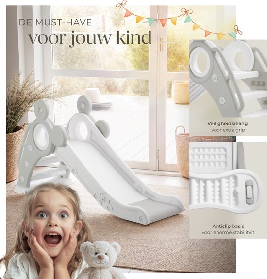 tectake® Kinderrutsche - Rutsche Kleinkind - ab 2 Jahren - mit Basketballring - klappbar - 128 x 66,5 x 67,5 cm - für drinnen und draußen - grau