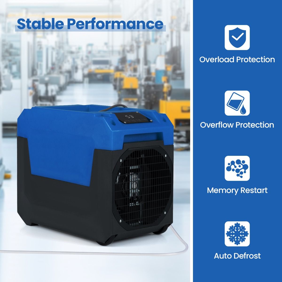 Coast Industrie-Luftentfeuchter – 66 Liter pro Tag – mit Pumpe und Ablaufschlauch – blau/orange
