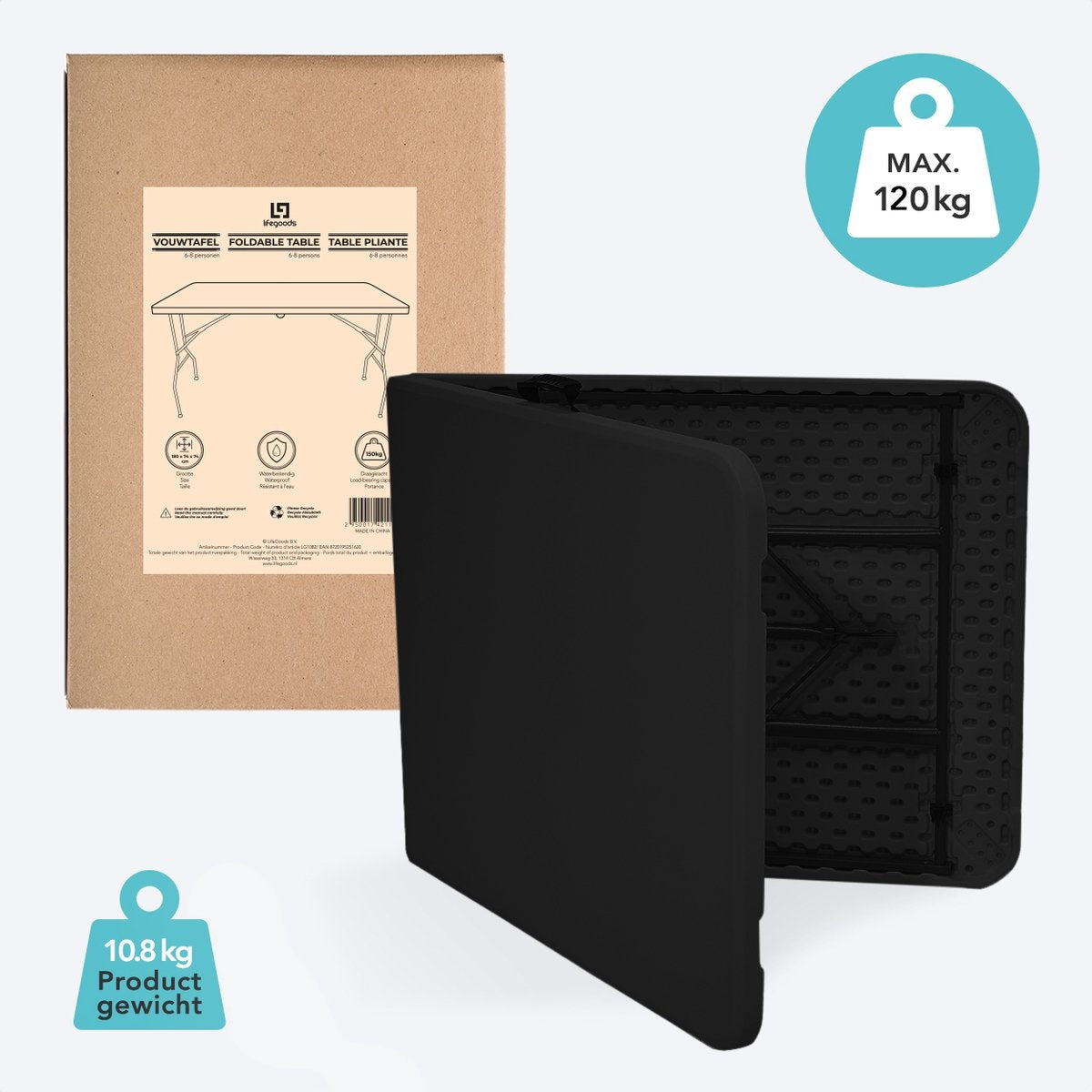 LifeGoods Zusammenklappbarer Tisch - 70x180cm - Verstellbarer und stabiler Klapptisch - Wetterfest - Outdoor-Klapptisch - Schwarz