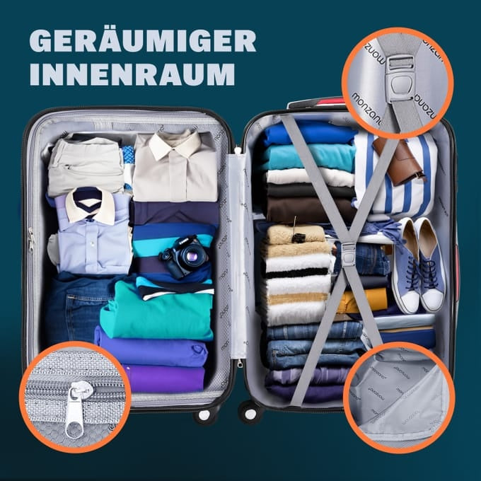 Monzana 3-teilige Kofferset - Hartschalenkoffern - Strapazierfähig und leicht - M/L/XL - Silber