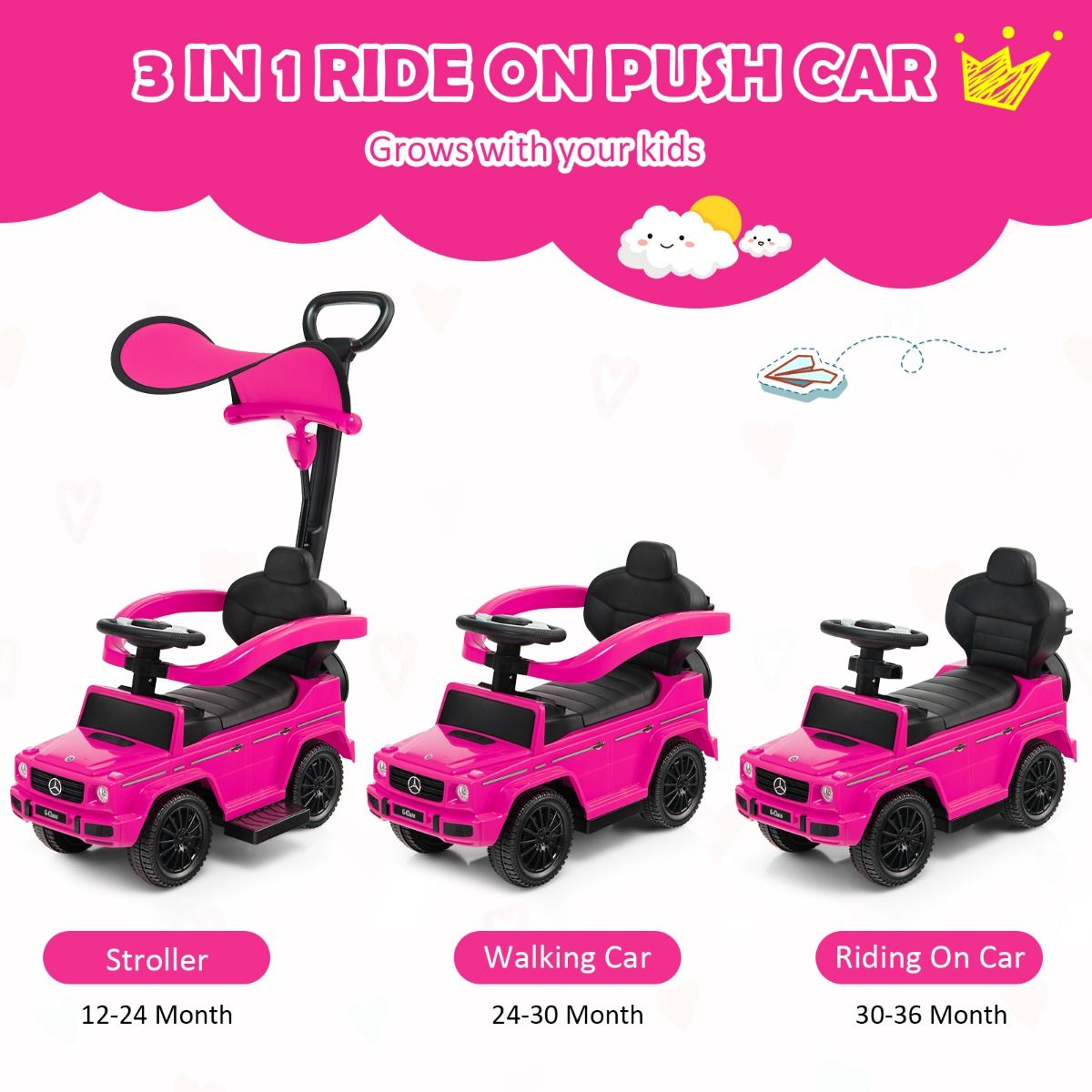 Coast Mercedes-Benz Laufwagen für Kinder – 3-in-1-Kinderwagen und Rollator – verstellbares Sonnendach – rosa
