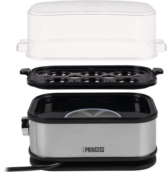 Princess Eierkocher 262046 – für 1 bis 6 Eier – 400 W – Edelstahl – Hart, weich und mittel gekocht – Timer – Inklusive Messbecher und Eierstecher