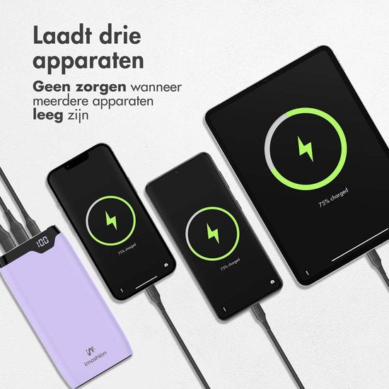 imoshion Powerbank 20000 mAh - Schnellladegerät 22,5W - LED-Anzeige - USB C & USB A - Geeignet für iPhone und Samsung, u.a. - Universal - Flieder