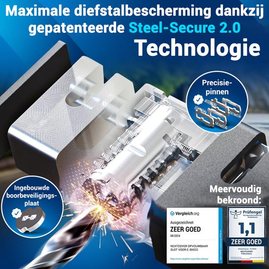 Nextcover Faltschloss 120cm FoldOne | Fahrradschloss mit drei Schlüsseln | Fahrradschloss mit Halterung | Schloss für Fahrräder, E-Bikes, E-Scooter | SteelSecure Technology 3.0