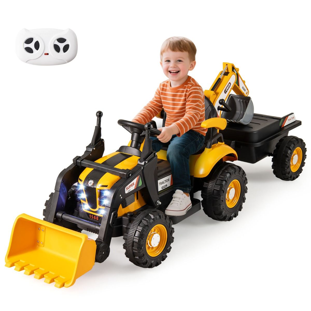 Coast Elektrischer Kindertraktor mit Anhänger – Bagger und Schaufel – Fernbedienung – Gelb