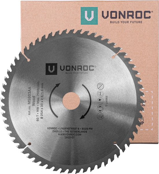 VONROC Sägeblatt - Ø254MM - 60 Zähne - für Holz - geeignet für Kapp- und Tischsägen