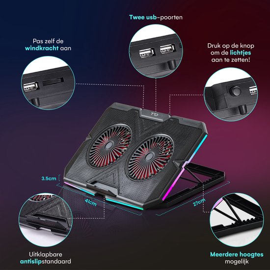 TTD® Premium Laptop-Kühler - Verstellbare Laptop-Halterung - Rotationsgeschwindigkeiten bis zu über 2400 RPM - für Gaming - Bis zu 17 Zoll - Extra USB-Anschluss - Schwarz