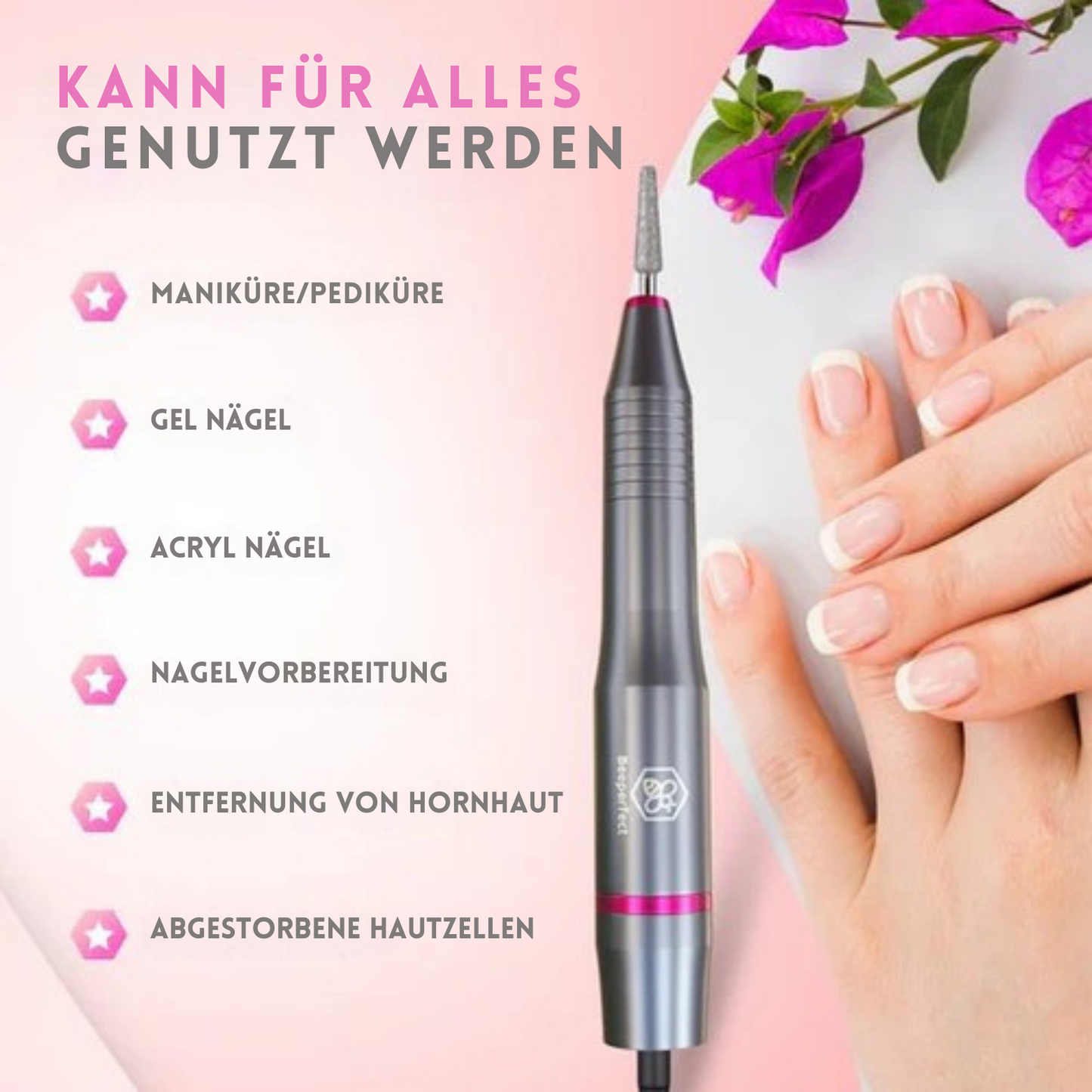 Beeperfect® - Elektrische Nagelfeile - Maniküre- und Pediküreset - 12 Bits und 60 Schleifrollen - Grau