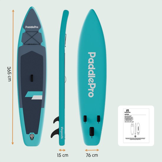 LifeGoods SUP Board Touring - 165 KG Belastbarkeit - 365 x 76 cm - Aufblasbar - mit Sitz - Komplettes Sup Paket - Türkis