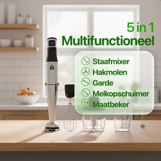 MATTI® - Stabmixer-Set 5in1 - Elektrischer Stabmixer - Zerkleinerer - Mixer - Milchaufschäumer - 1500W