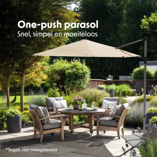 LifeGoods Sonnenschirm - Ø300 cm - 30° neigbar - One-push System - Wasserdicht - mit Bezug - Taupe