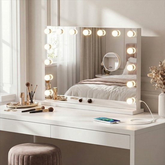 Bayt Hollywood Spiegel mit Beleuchtung - Make-up Spiegel mit Beleuchtung - Spiegel mit Beleuchtung - dimmbar - 10x Vergrößerung - 58x46cm - Weiß
