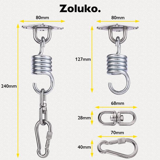 Zoluko Edelstahl-Aufhängesystem - 300 KG Tragkraft - 360° frei drehbar - schalldämpfende Feder - Boxsack-Aufhängesystem - Deckenhalterung - Deckenhaken - Aufhängehaken - Schraubhaken - Chrom