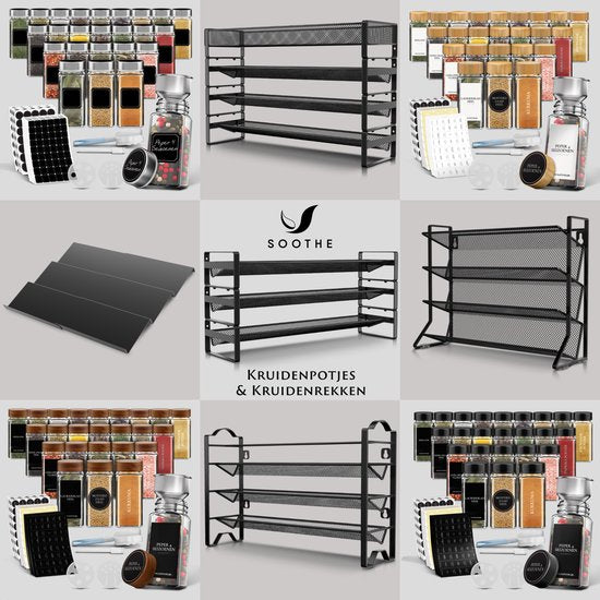 Soothe 48 Glasgewürzdosen quadratisch mit schwarzem Deckel - 2 Arten von Streudeckeln - Gewürzstreuer - Gewürzdosen - Komplettset inkl. Gewürzsticker, Kreidestift und Zubehör - 120ml
