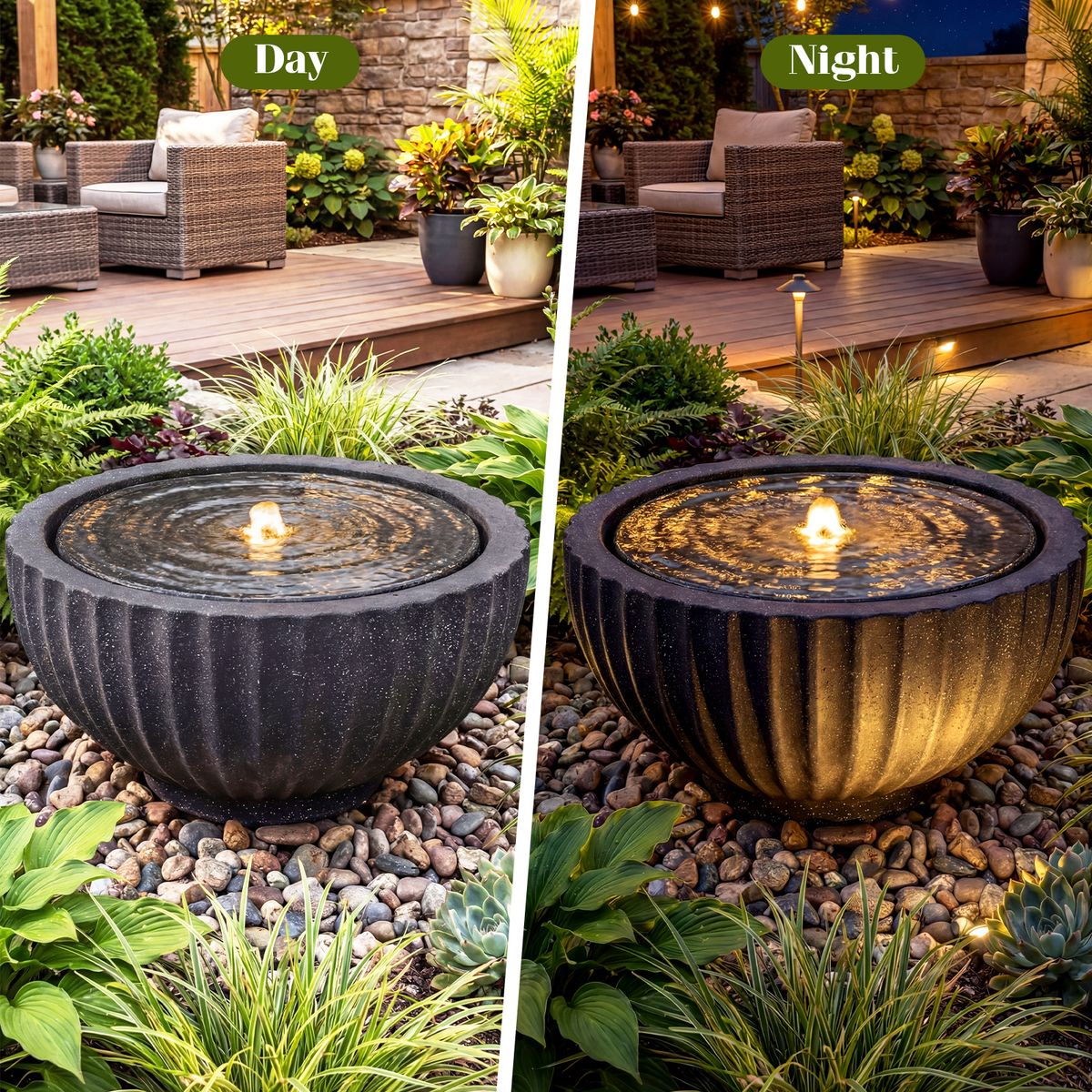 Coast Runder Gartenbrunnen – mit LED-Beleuchtung – Steinoptik – 45 x 45 x 23,5 cm – schwarz