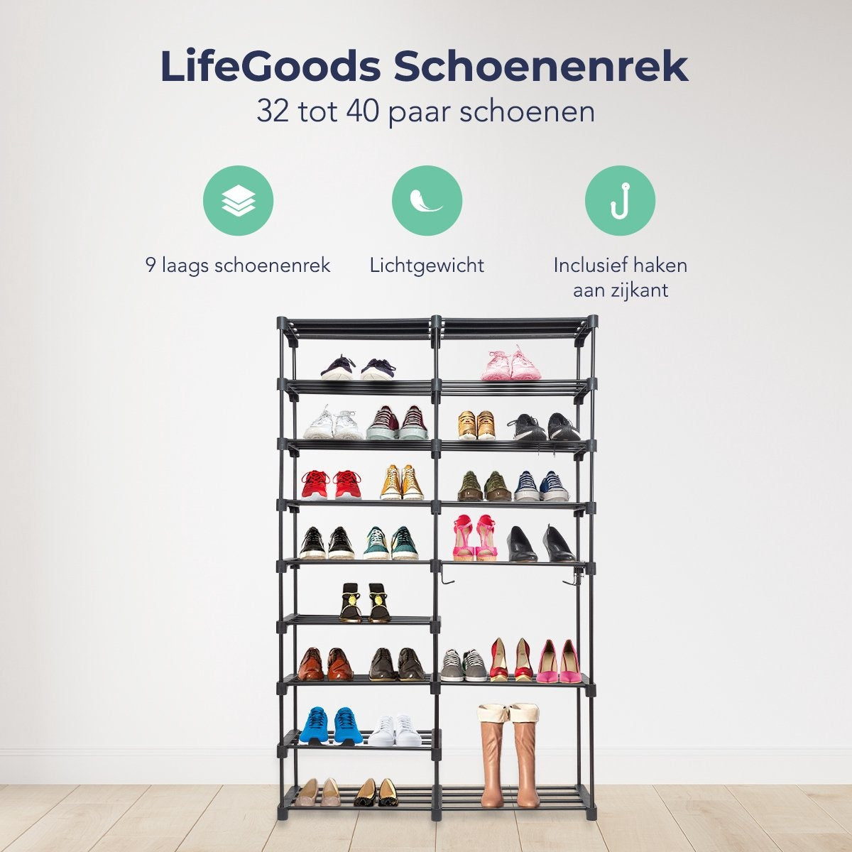 LifeGoods Schuhregal - Mit Haken - Multifunktional - 9 Schichten - 32 Paar Schuhe - Metall - Schwarz