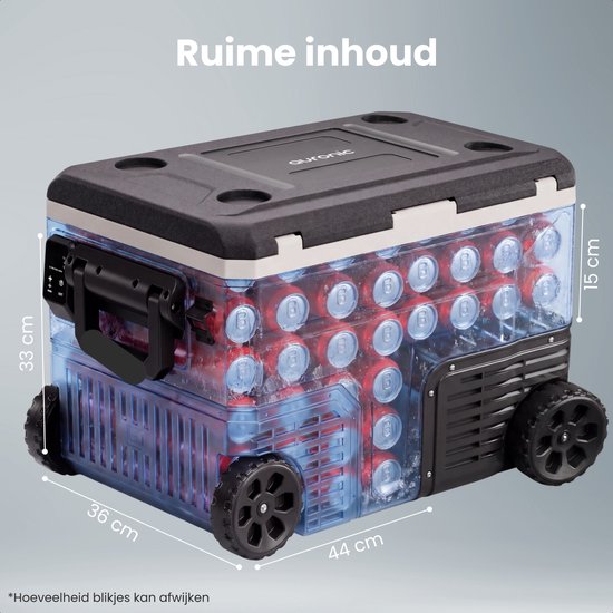 Auronic Elektrische Kühlbox – Kompressor – 64 l – 12 V und 240 Volt – Camping-Kühlschrank – Frigobox für das Auto – mit Rädern und Griff – schwarz