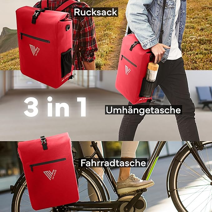 MIVELO Gepäckträger - 3-in-1 Rucksack & Umhängetasche - Wasserdicht & inkl. Laptopfach - 25 Liter - Rot