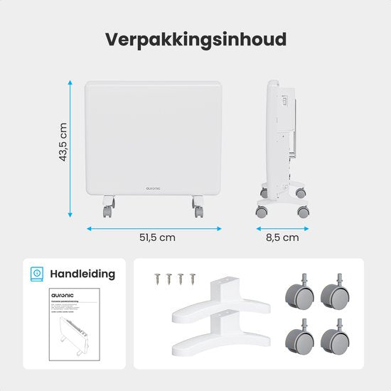 Auronic Konvektorheizung - 1000W - Elektroheizung - 3 Stufen - Metallheizkörper - Freistehend - Räder - Weiß