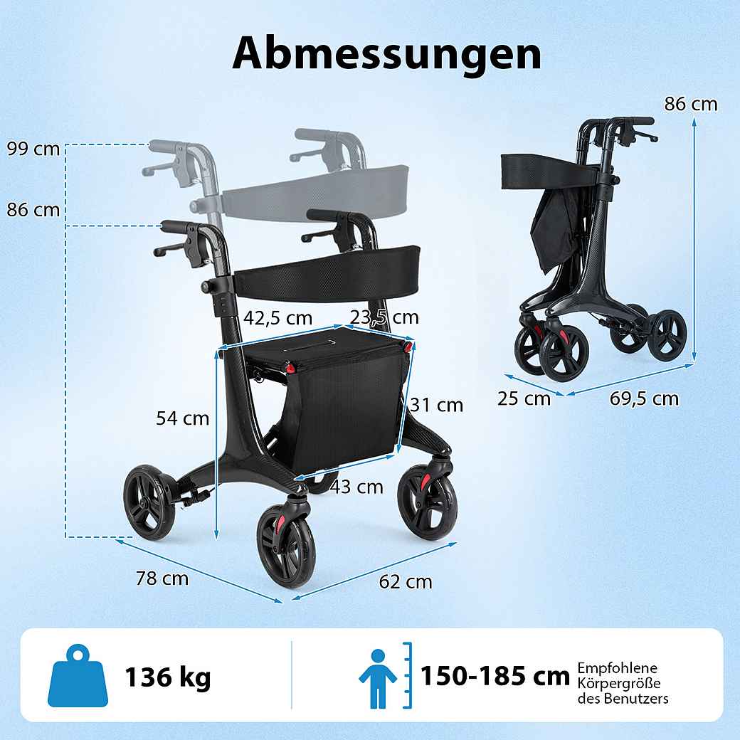 Coast Faltbarer Rollator Schwarz - Ultraleichte Carbon Gehhilfe mit Sitz - 78 x 62 x 86-99 cm