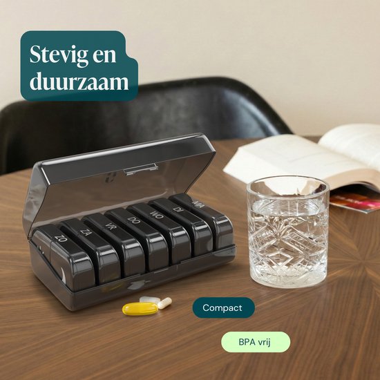 Gandria Tablettenbox 7 Tage, 2 Fächer – niederländischsprachig – Medikamentenbox mit stabilem Verschluss – herausnehmbare Tablettenfächer für unterwegs – schwarz
