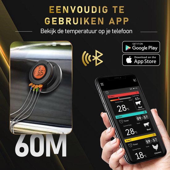 MostEssential AT-02 Fleischthermometer - Smart BBQ Thermometer - Inklusive Bluetooth, App & 2 Messfühler