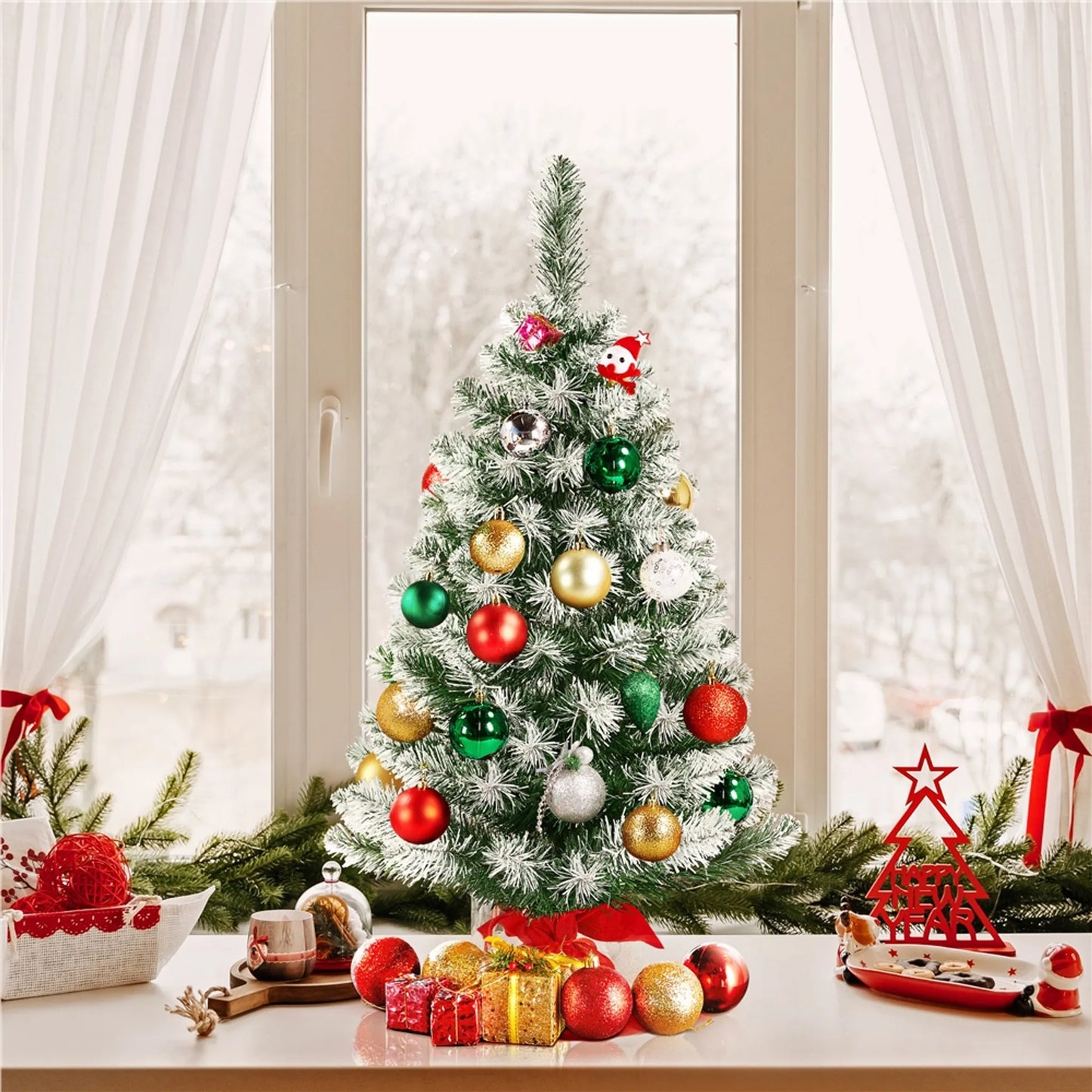 Yaheetech Tisch Weihnachtsbaum - Schnee - 48 x 48 x 90 cm - 96 Zweige - Betonsockel - Grün