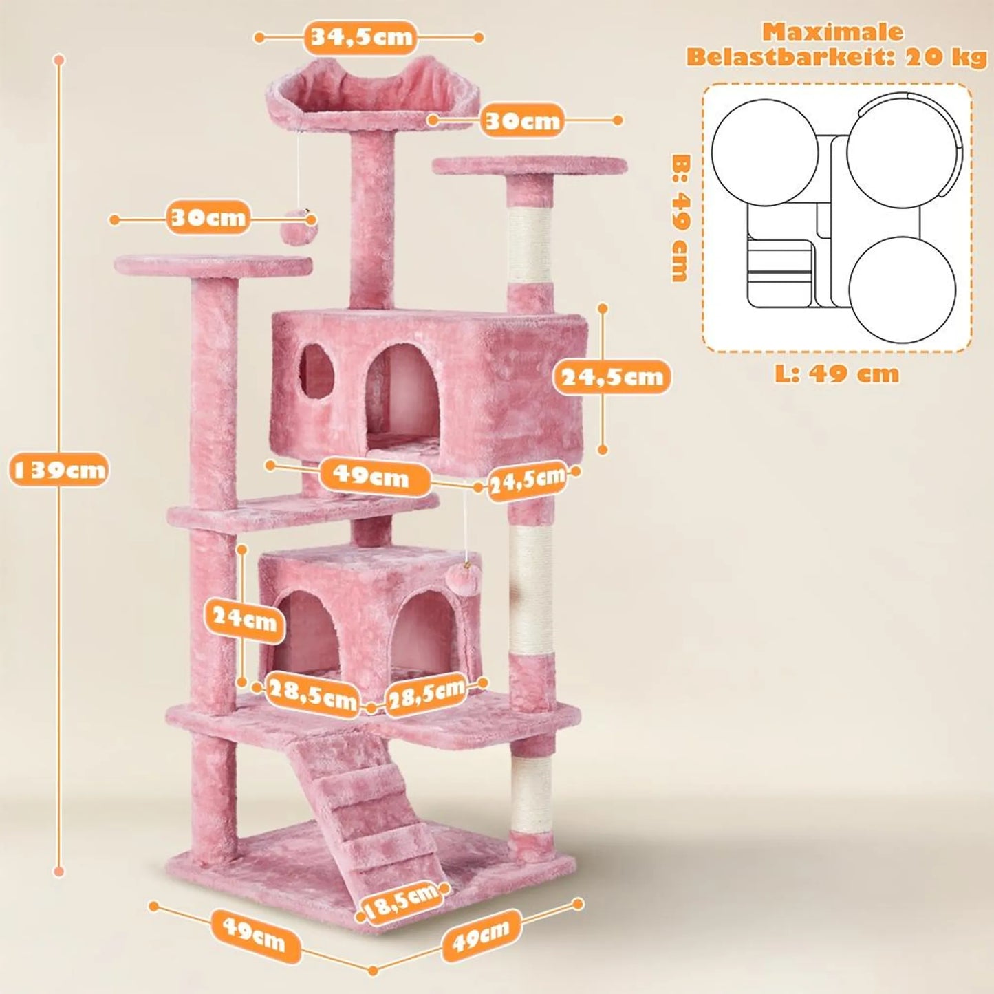 Yaheetech Katzenpfosten mit 3 Aussichtsplattformen - Ausgestattet mit 2 Katzenkörben und Sisalstangen und Spielball mit Glocke - Für Haushalte mit mehreren Katzen - Rosa Plüsch und E1 Spanplatte - 49 x 49 x 139 cm