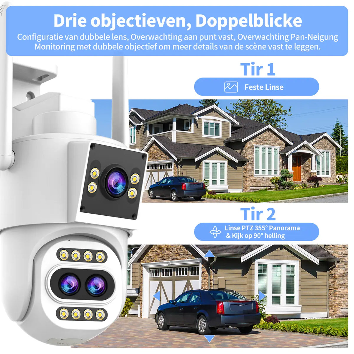 Jooan Außenüberwachungskamera 2K mit Dreifachobjektiv – 10-facher Zoom – PTZired IP66 wasserdicht, Bewegungsalarm, 8–256 GB Speicherkarte/Cloud-Speicher, Sirenenalarm