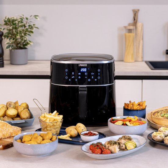 Princess Digital Airfryer XXL 182254 – 8 Liter – Extra groß – PFAS-frei – Heißluftfritteuse – Inklusive höhenverstellbarem Grillrost – Digitaler Touchscreen – 8 Automatikprogramme - 1800 W - Schwarz