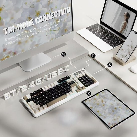 ATTACK SHARK X98 – Kabellose mechanische Gaming-Tastatur – TFT-Display – Multifunktions-Drehregler – PBT-Tastenkappen – Tri-Mode (kabelgebunden/2,4 GHz/Bluetooth) – Gasket-Mod – 98 Tasten – Cheese White