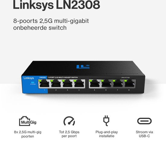 Linksys LN2308 – Netzwerk-Switch – Unmanaged – 2500 Mbit/s – 8 Anschlüsse
