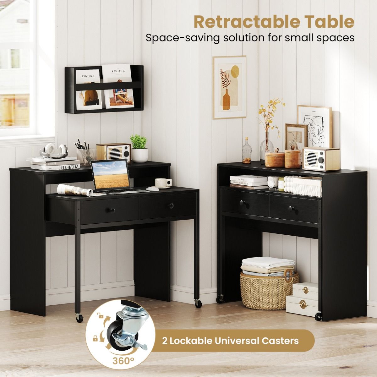 Coast Ausziehbarer Schreibtisch – mit 2 Schubladen – feststellbare Rollen – schwarz – 100 x 63 x 88 cm