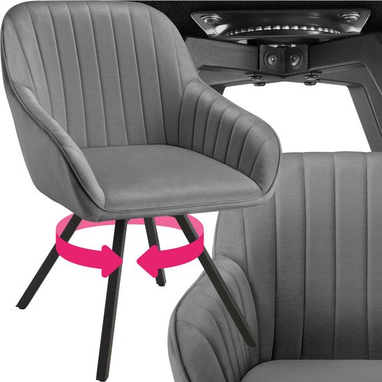 tectake - Esszimmerdrehstuhl mit Armlehnen - Ergonomischer Schalensessel mit Samtpolsterung - Gepolstert - Drehstuhl für Wohnzimmer, Esstisch, Arbeitszimmer, Frisiertisch und Küche - Grau