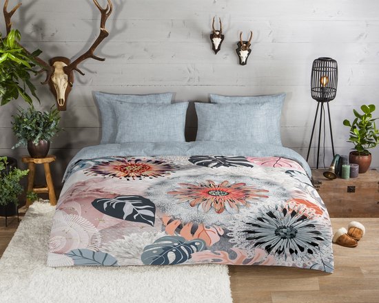 Flanell Bettbezug 200x200 cm - Blumen und Blätter Druck - Grau/Rosa - 2 Personen - 100% Baumwolle Flanell