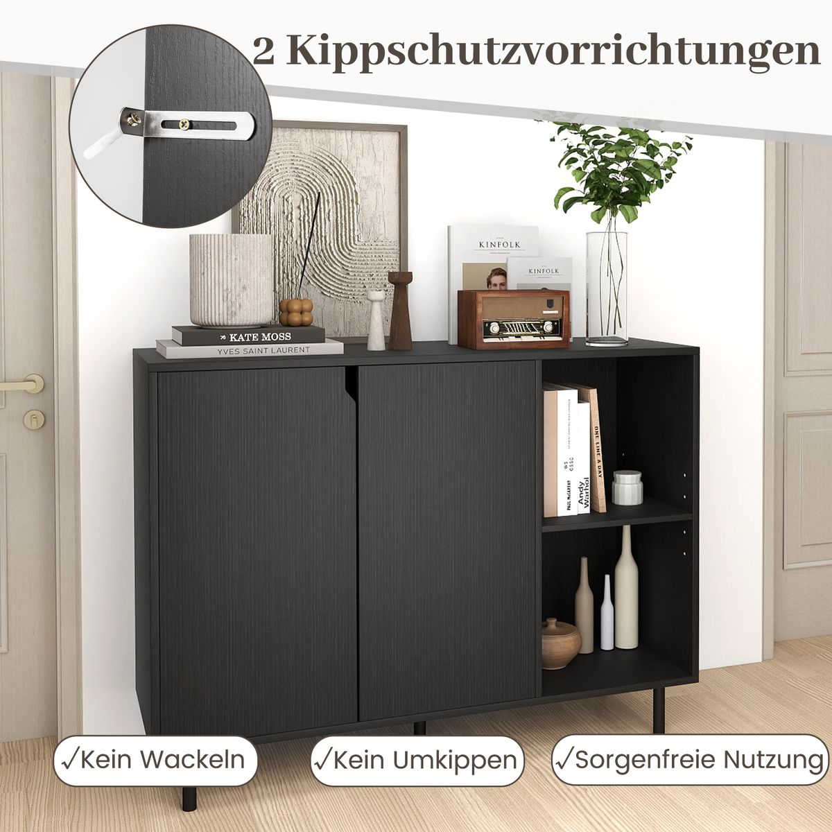 Coast Kommode mit 4 Fächern und 2 Türen – verstellbare Einlegeböden – schwarz – 106 x 38 x 80 cm