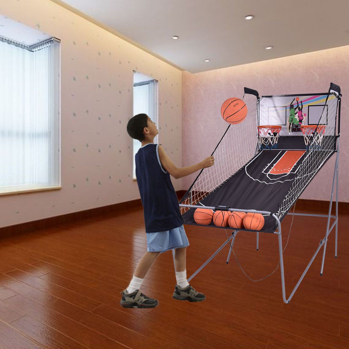 Coast Electronic Basketball Shooting Game - 203x110x206 - cm - Schwarz - Doppelter Basketballkorb mit automatischer Anzeige und 4 Bällen