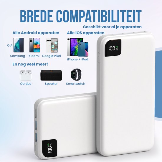 Strex Powerbank White - 27.000 mAh - 22,5W Schnellladegerät - USB-A/USB-C - LED-Anzeige - Universal Powerbank u.a. geeignet für iOS/Android