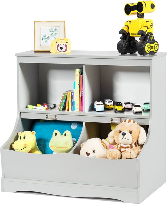 COSTWAY Kinderregal, Spielzeugregal mit 4 Fächern, Kinderbuchregal, Aufbewahrungsregal, Spielzeugorganisator für Kinderzimmer und Spielzimmer, 67 x 40 x 62 cm, grau