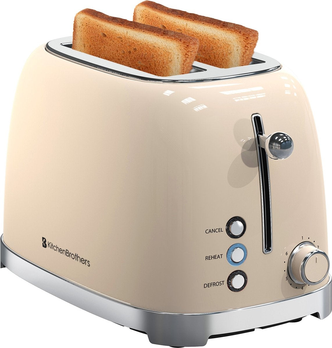 KitchenBrothers Retro-Toaster - 6 Heizstufen - 2 extra breite Schlitze - 1630W - Aufwärm- und Auftaufunktion - Beige