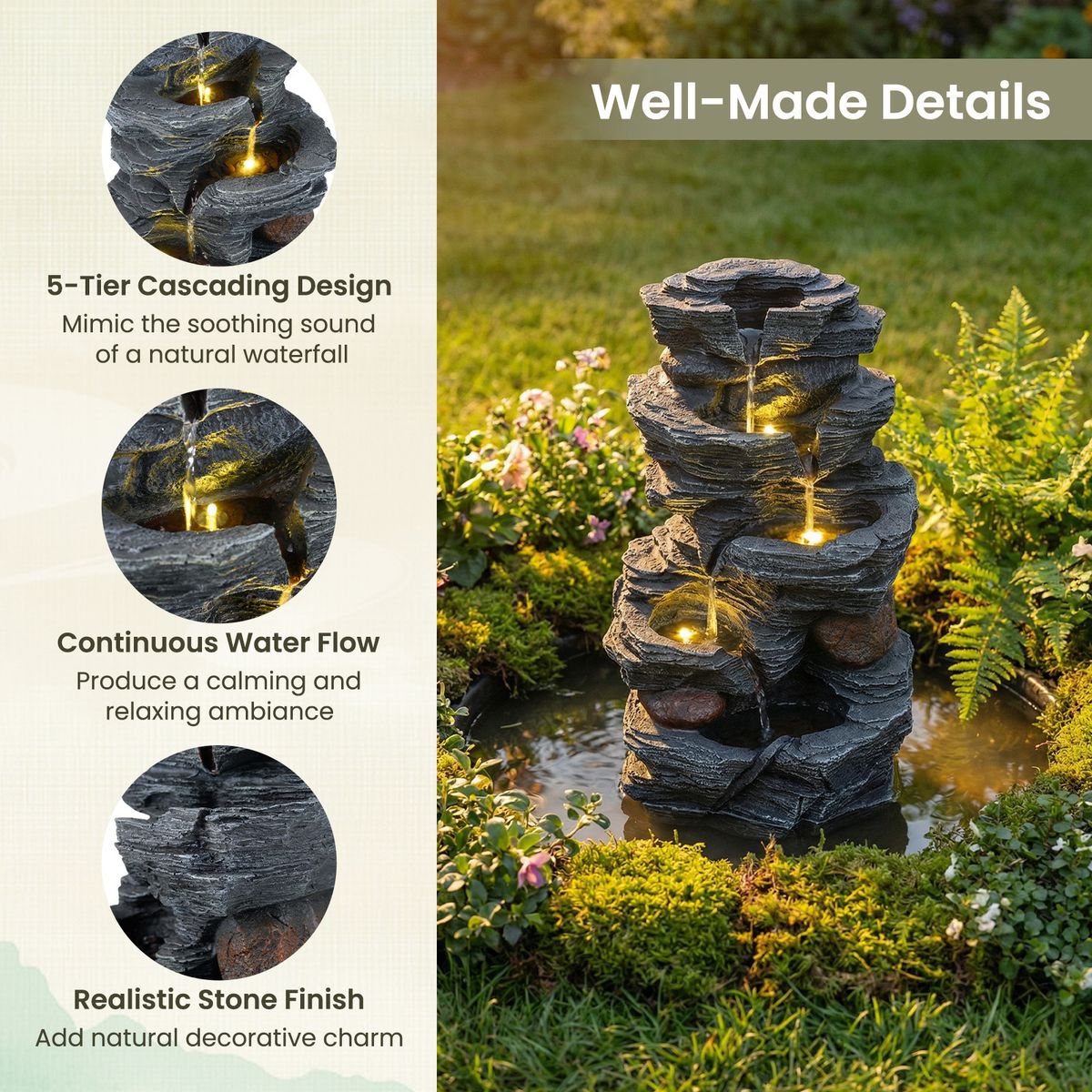 Coast Tischbrunnen – 5-stufiger Wasserfall – LED-Beleuchtung – schwarz – 27 x 20,5 x 45,5 cm