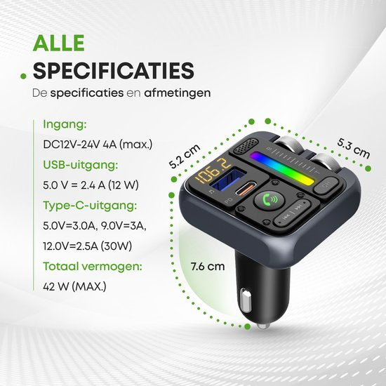 iSetchi Bluetooth FM Transmitter - Quick Charge 3.0 - Auto-Carkit - USB C - Drahtlos