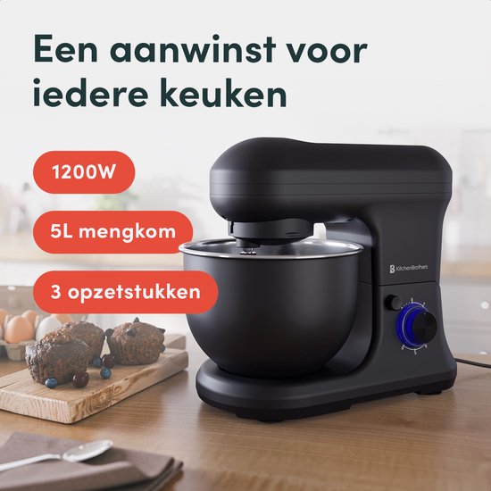 KitchenBrothers Küchenroboter - Küchenroboter - 5L - Mixer mit Rührschüssel - Küchenmixer - 1200W - Mattschwarz