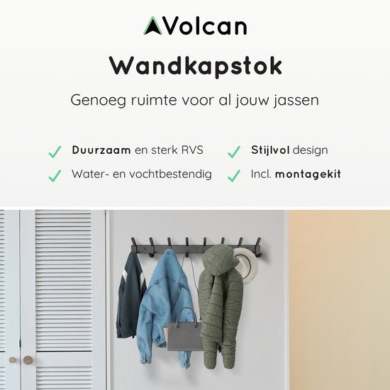 Volcan Wandgarderobe - 16 Haken - Edelstahl - Wandgarderobe zum Aufhängen - Industriell - 3M-Band - Schwarz