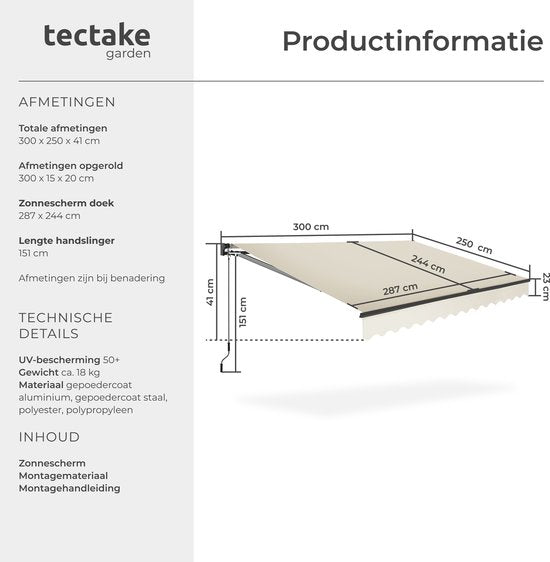 tectake® Sonnenschirm mit Gelenkarm - 300 x 250 cm - Markise - Sonnenschutz für Fenster, Balkon, Außenbereich - Wandmontierbar - Wasser- und UV-beständig - Beige