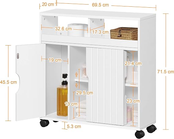 Yaheetech Badezimmerschrank 69,5 x 20 x 71,5 cm – Schiebetüren – Rollen – Weiß
