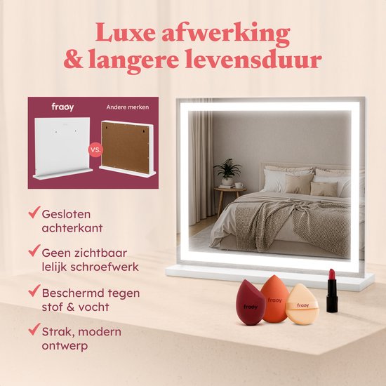 Fraay® Hollywoodspiegel mit Beleuchtung 60x50cm - 3 Lichtstufen - Schminkspiegel mit 10-facher Vergrößerung - LED-Streifenbeleuchtung dimmbar - Inkl. 2 Beauty Blenders und Puderquaste