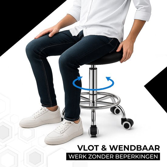 Bayt Sattelhocker - Sattelstuhl Rund - Barbierhocker - Sattelhocker auf Rollen - Tabouret - Höhenverstellbar - Schwarz