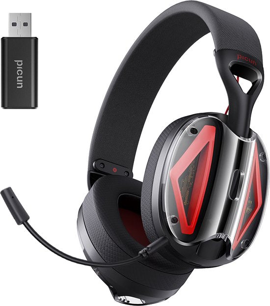Picun G1 - 2.4GHz Wireless Gaming Headset - Over-Ear-Kopfhörer - Mit Mikrofon - PC/PS4/PS5/Nintendo Switch - Schwarz rot